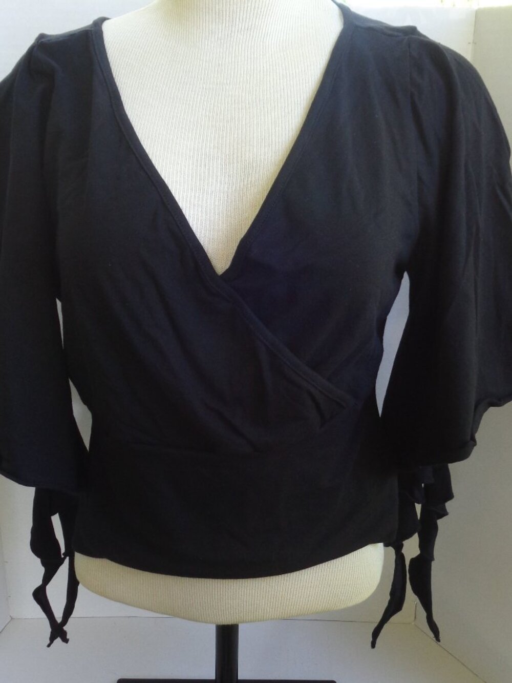 Black Knit Crop Top Bell Flutter Sleeve with Tail Crossover Front